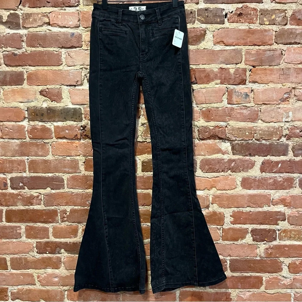 NEW We the Free Free People Flare Bell Bottom Jeans size 25 Floral Panel Stretch - Picture 1 of 8